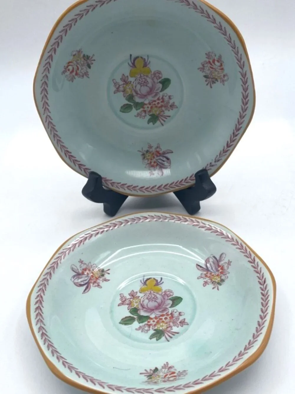 2 Adams Calyx Ware Chelsea Sprays Saucers Red Stamp Laurel Leaf England